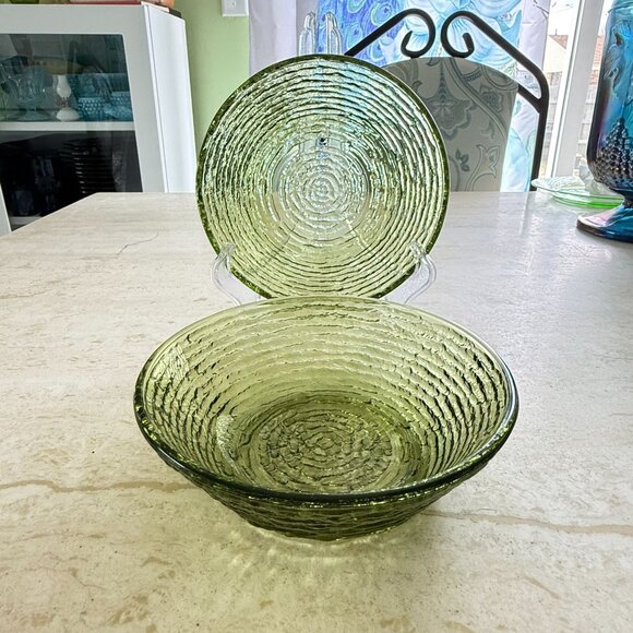 Vintage MCM Anchor Hocking Soreno Avocado Green Cereal Bowls 6" Set Of 4 Texture - Picture 2 of 6